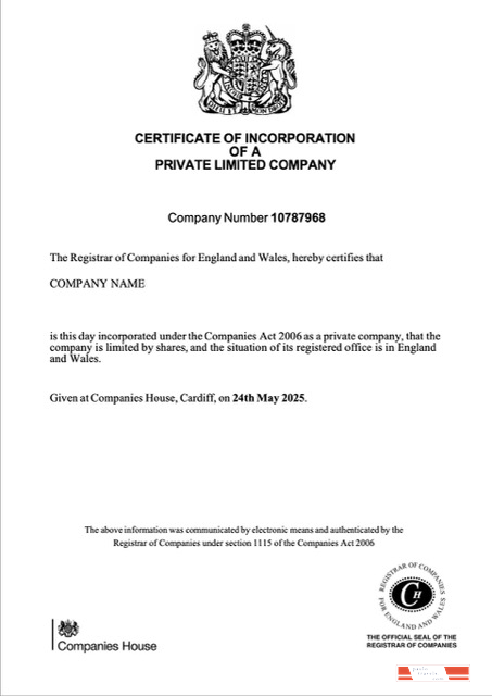 UK certificate of incorporation of a private limited company Word and PDF template